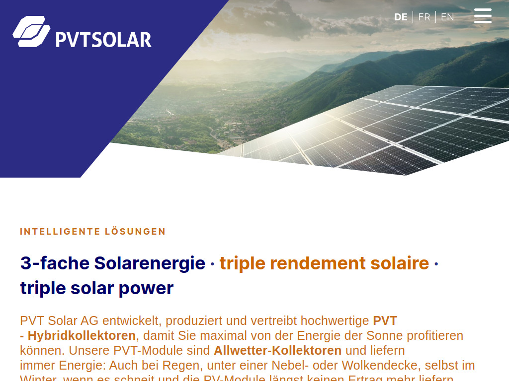 Website von PVT Solar AG in Perlen