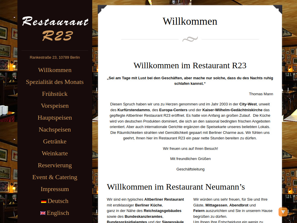 Website von Restaurant R-23 in Berlin