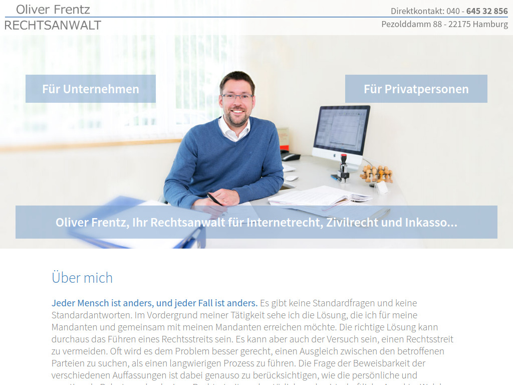 Website von Rechtsanwalt Oliver Frentz in Hamburg