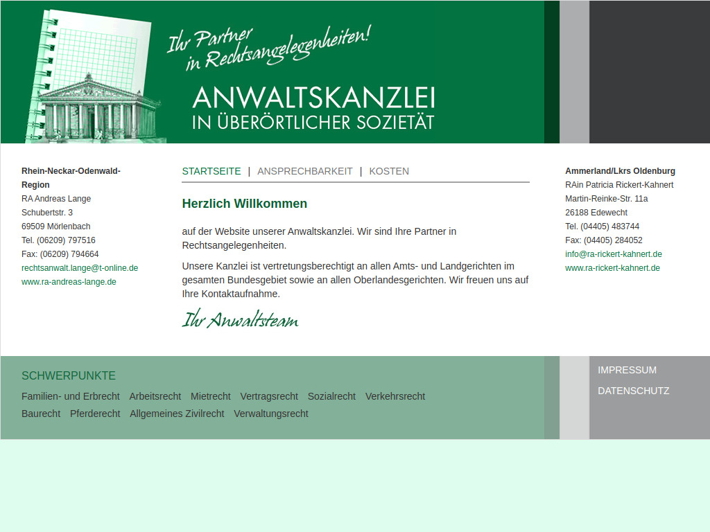Website von Überörtliche Sozietät Patricia Rickert-Kahnert & Andreas Lange in Mörlenbach