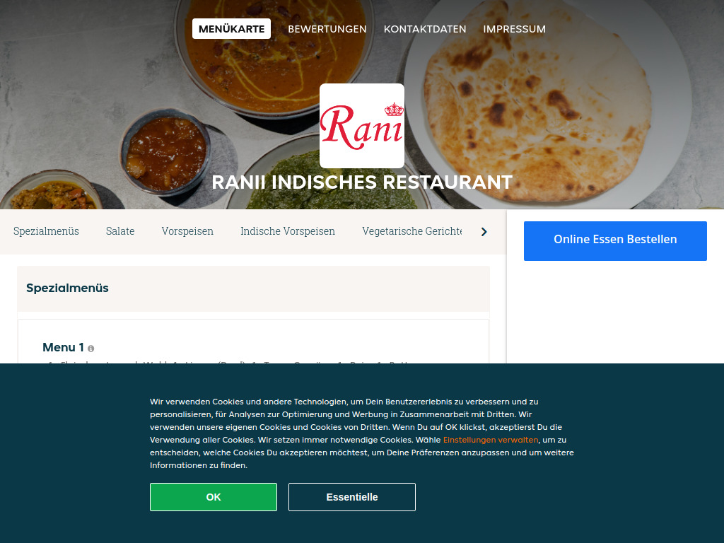 Website von Ranii indisches Restaurant - Essen online bestellen in Rüti in Rüti