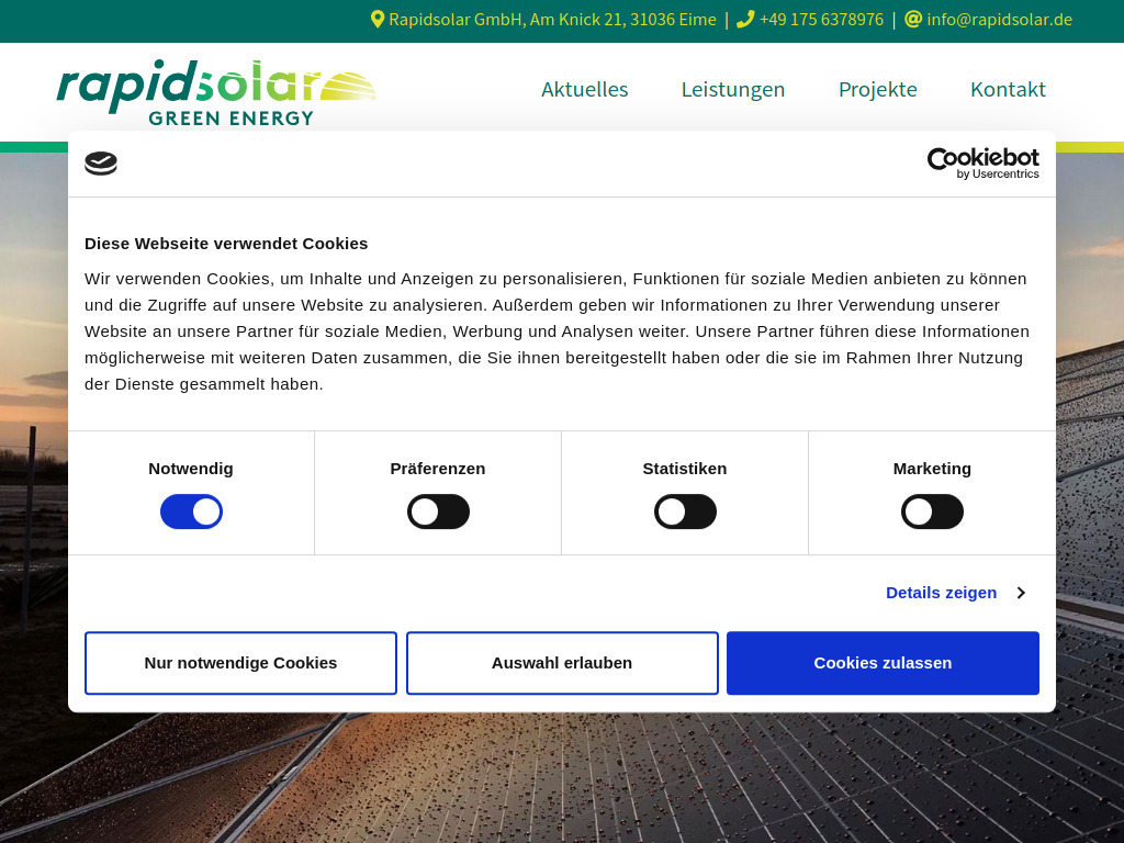 Website von Rapidsolar GmbH in Eime