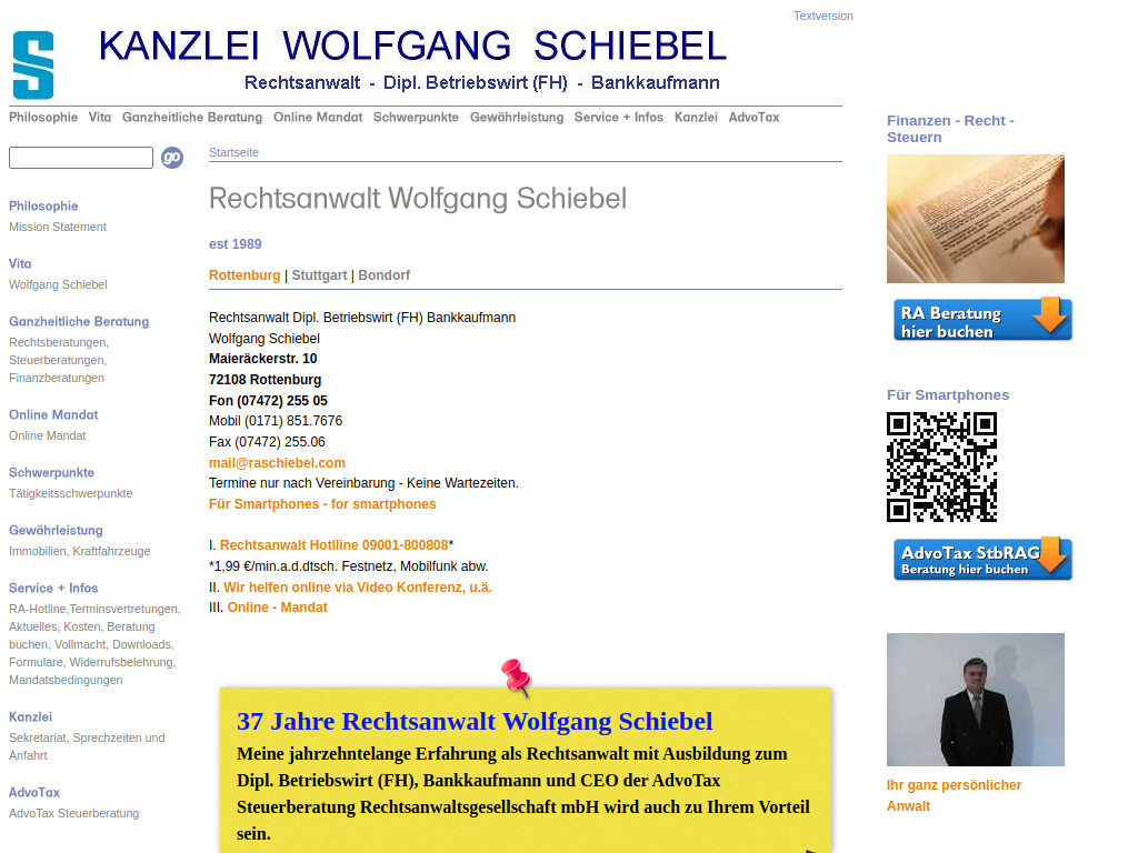 Website von Rechtsanwaltskanzlei Wolfgang Schiebel in Rottenburg