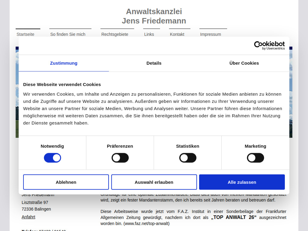 Website von Anwaltskanzlei Jens Friedemann in Balingen