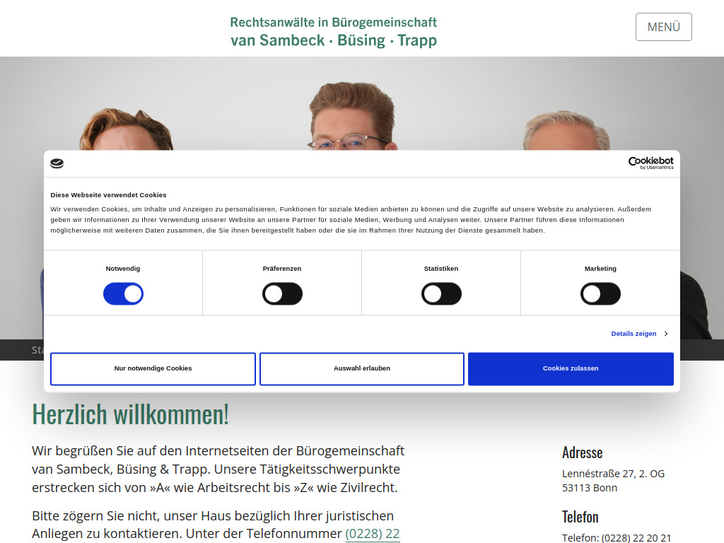Website von Rechtsanwälte in Bürogemeinschaft van Sambeck, Büsing & Trapp in Bonn