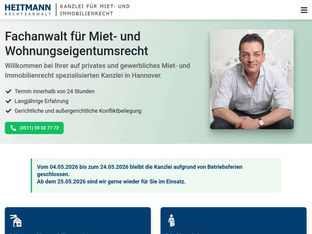 Website von Kanzlei für Mietrecht Jan Heitmann in Hannover