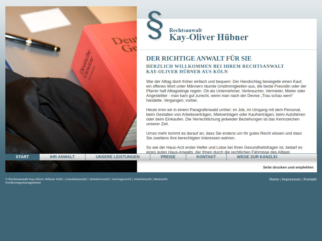Website von Anwaltskanzlei Kay-Oliver Hübner in Köln