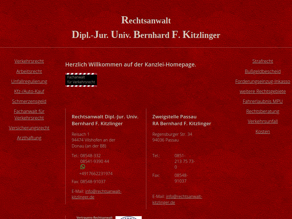 Website von Rechtsanwalt Bernhard F. Kitzlinger in Vilshofen an der Donau