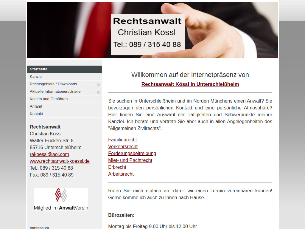 Website von Rechtsanwalt Christian Kössl in Unterschleißheim