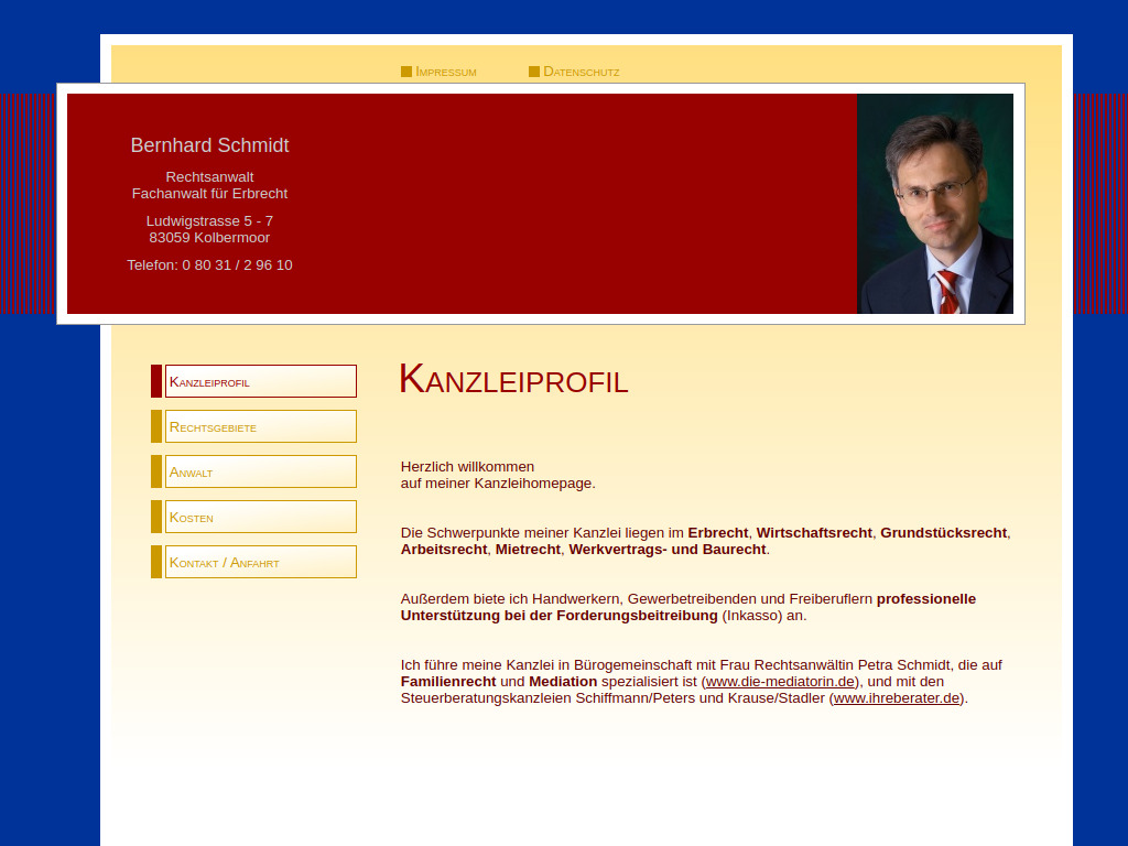 Website von Kanzlei Rechtsanwalt Bernhard Schmidt in Kolbermoor