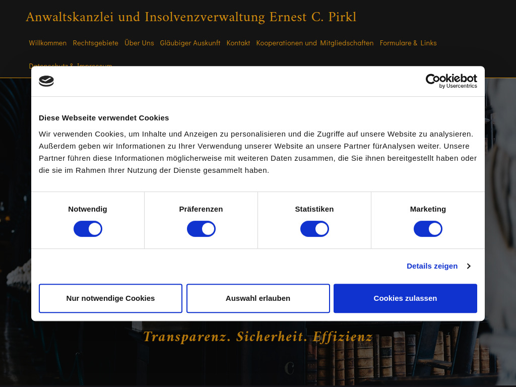 Website von Anwaltskanzlei und Insolvenzverwaltung Ernest C. Pirkl
