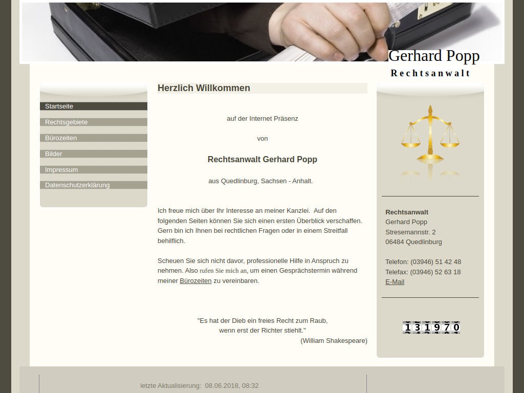 Website von Rechtsanwalt Gerhard Popp in Quedlinburg