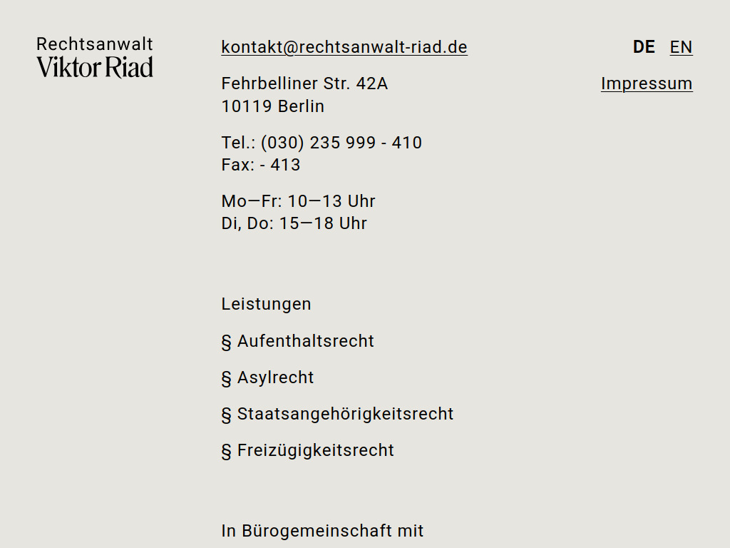 Website von RA Viktor Riad in Berlin