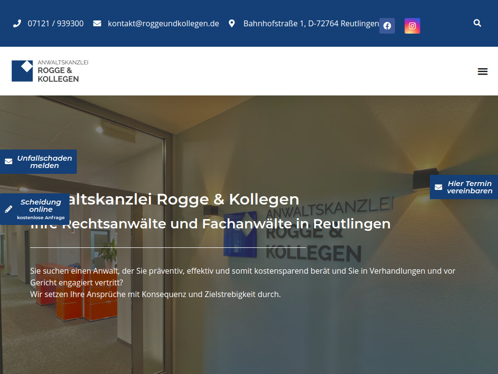 Website von Anwaltskanzlei Rogge & Kollegen in Reutlingen