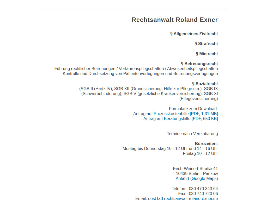 Website von Rechtsanwalt Roland Exner in Berlin