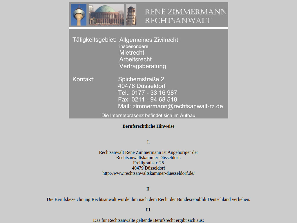 Website von Rene Zimmermann - Rechtsanwalt in Düsseldorf