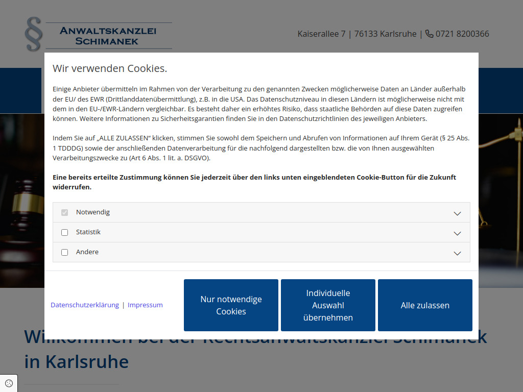 Website von Anwaltskanzlei Schimanek in Karlsruhe
