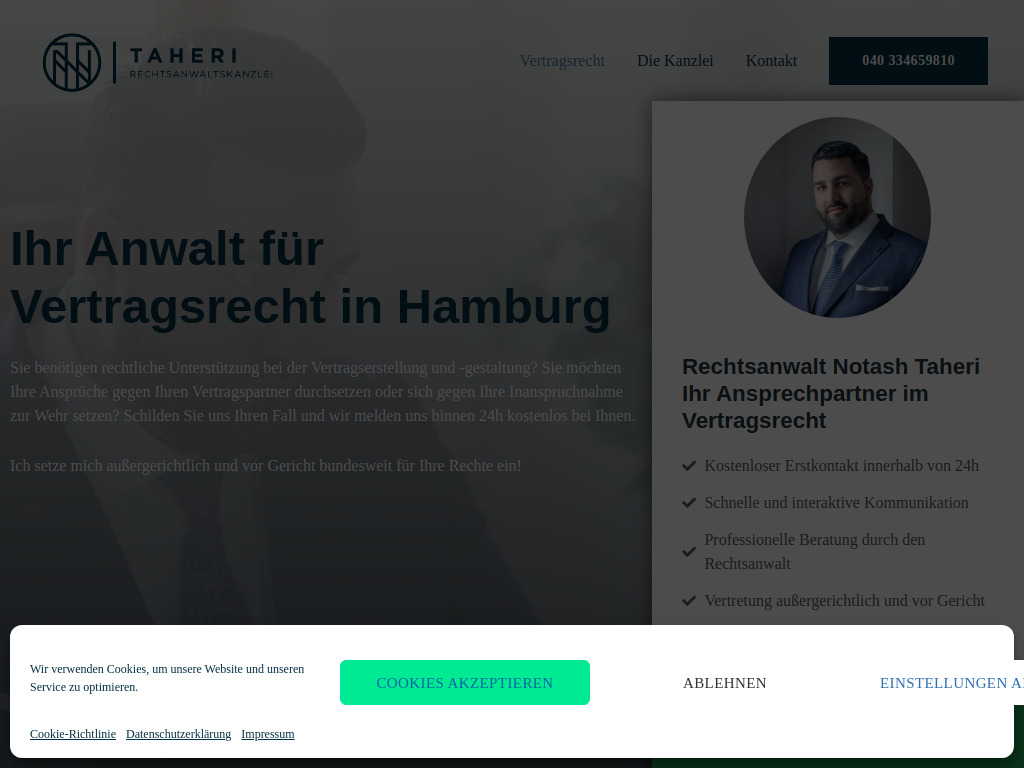 Website von TAHERI Rechtsanwaltskanzlei in Hamburg