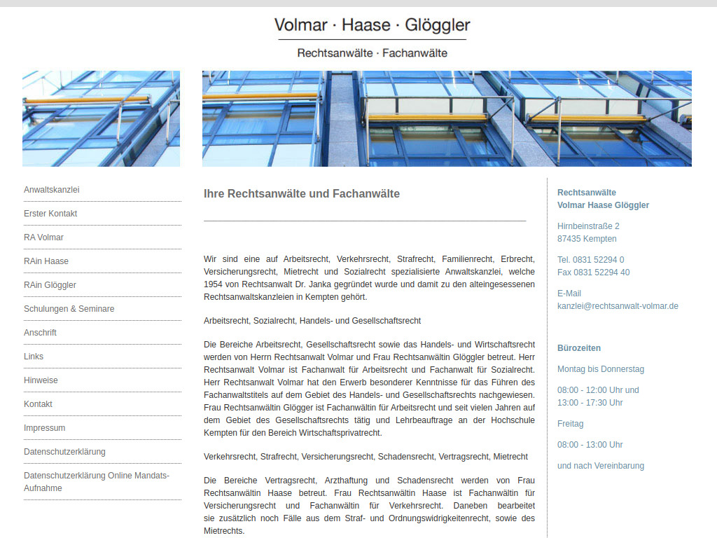 Website von Rechtsanwaltskanzlei Volmar Haase Glöggler in Kempten