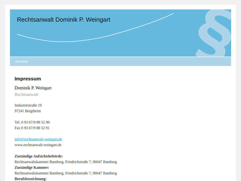 Website von Rechtsanwalt Dominik P. Weingart in Bergtheim