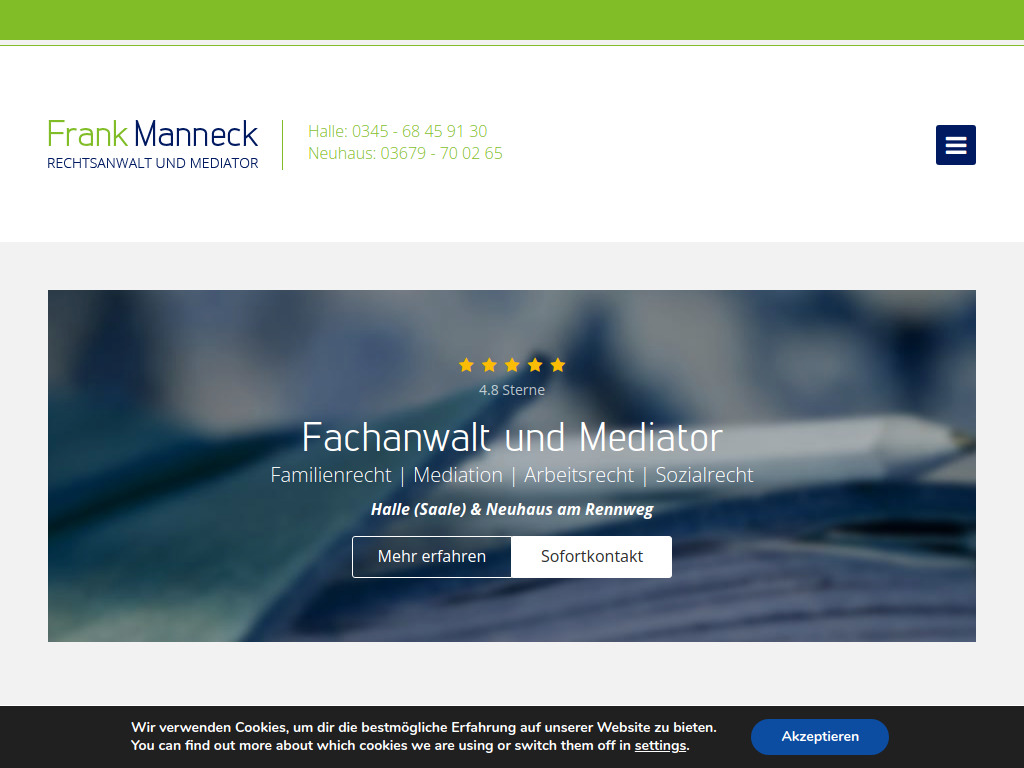 Website von Rechtsanwaltskanzlei Frank Manneck in Halle (Saale)