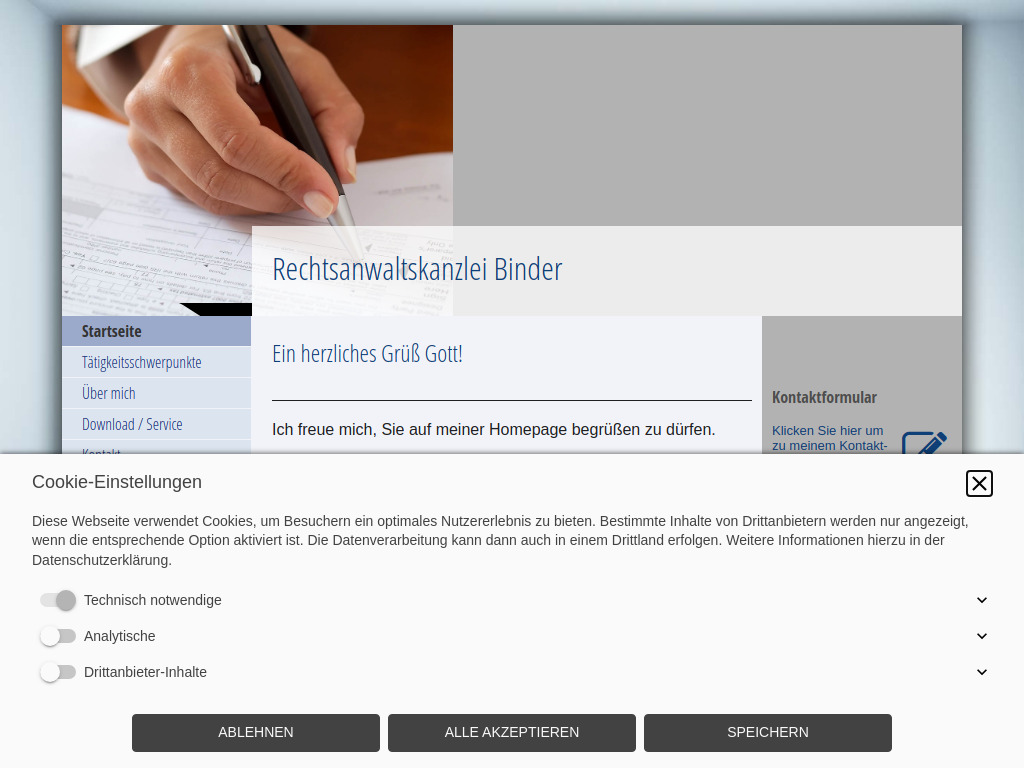 Website von Rechtsanwaltskanzlei Binder in München