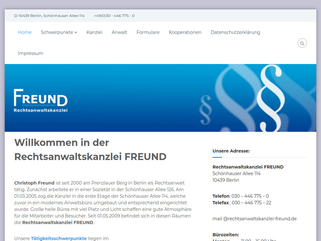 Website von Rechtsanwaltskanzlei FREUND in Berlin