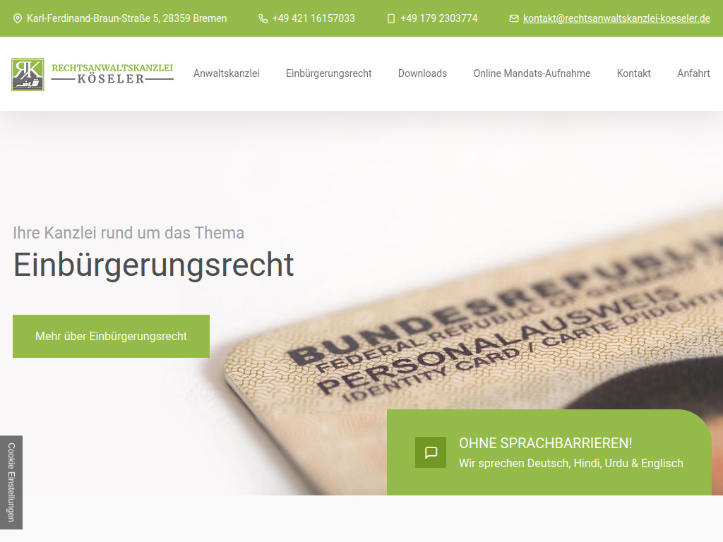 Website von Rechtsanwaltskanzlei Köseler in Bremen