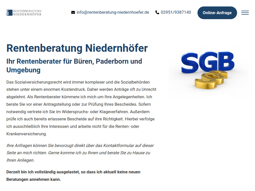 Website von Manuel Niedernhöfer Rentenberater in Büren