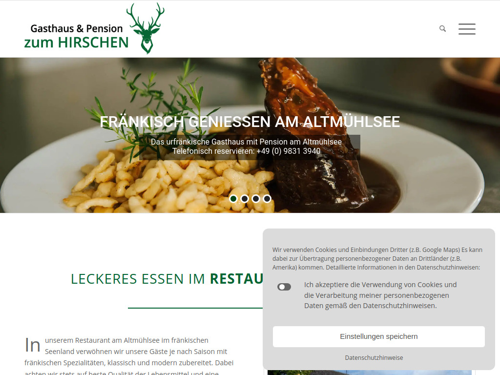 Website von Gasthaus & Pension zum Hirschen in Muhr am See