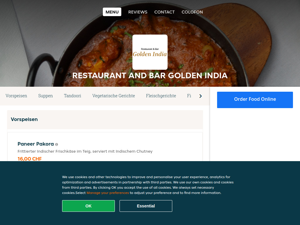 Website von Restaurant and Bar Golden India - Order food online in Grindelwald in Grindelwald