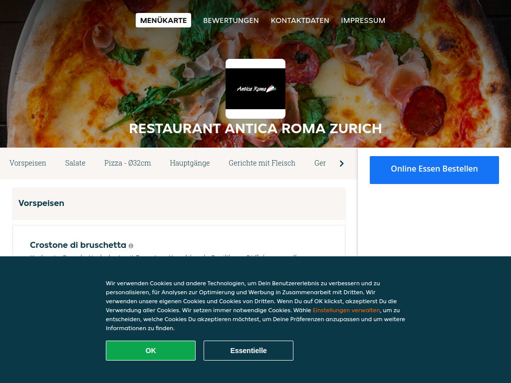 Website von Restaurant Antica Roma Zurich - Essen online bestellen in Zürich in Zürich