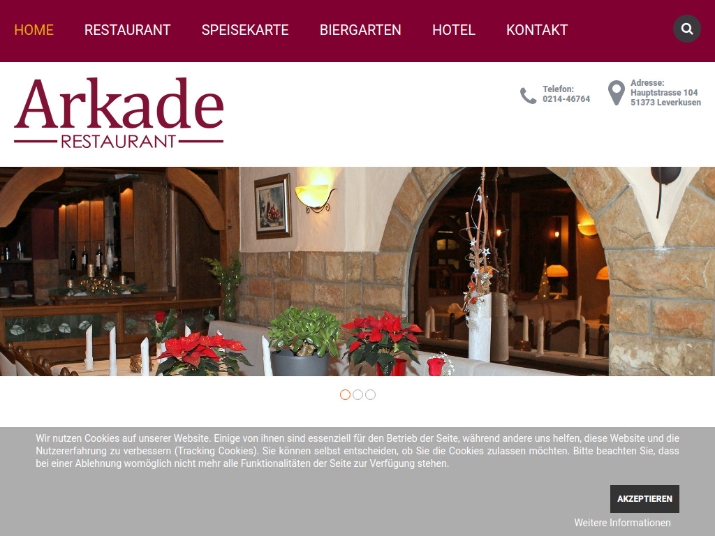 Website von Restaurant Arkade in Leverkusen
