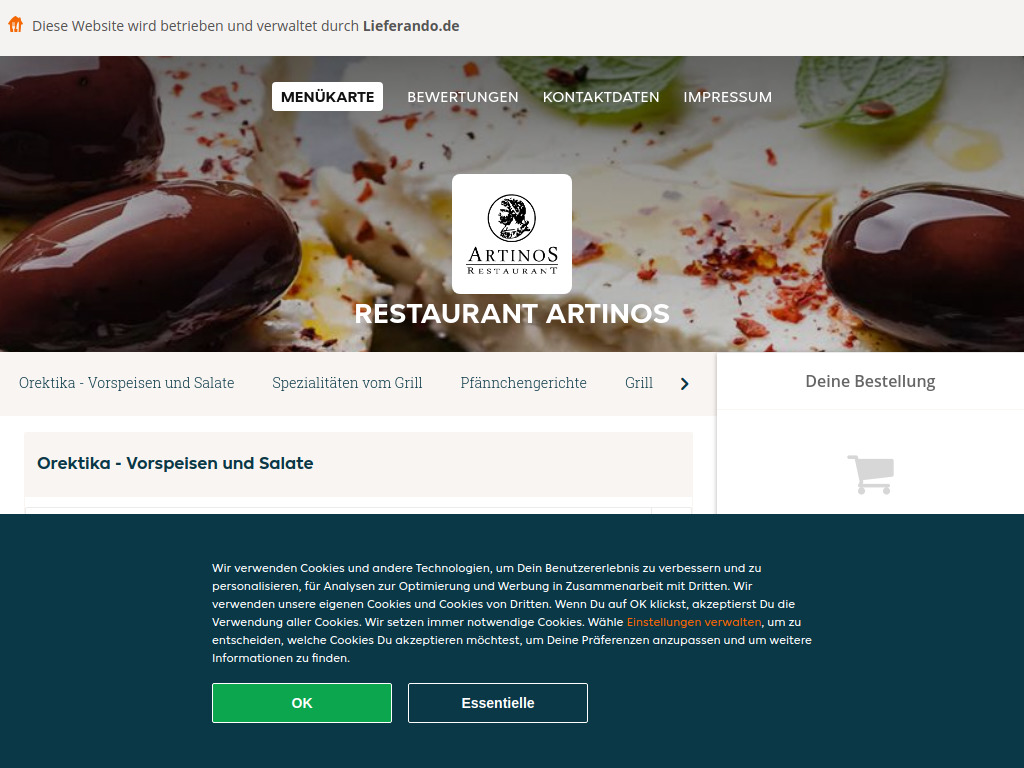 Website von Restaurant Artinos - Essen online bestellen in Hannover in Hannover