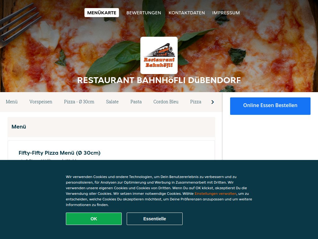 Website von Restaurant Bahnhöfli Dübendorf - Essen online bestellen in Dübendorf in Dübendorf