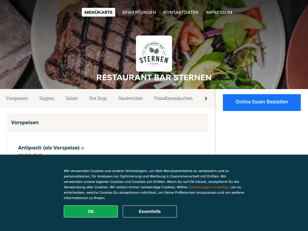 Website von Restaurant Bar Sternen - Essen online bestellen in Heerbrugg in Heerbrugg