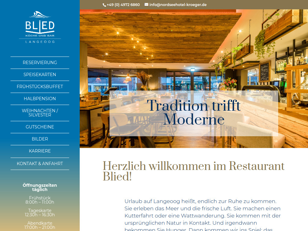Website von Restaurant Blied im Nordseehotel Kröger in Langeoog