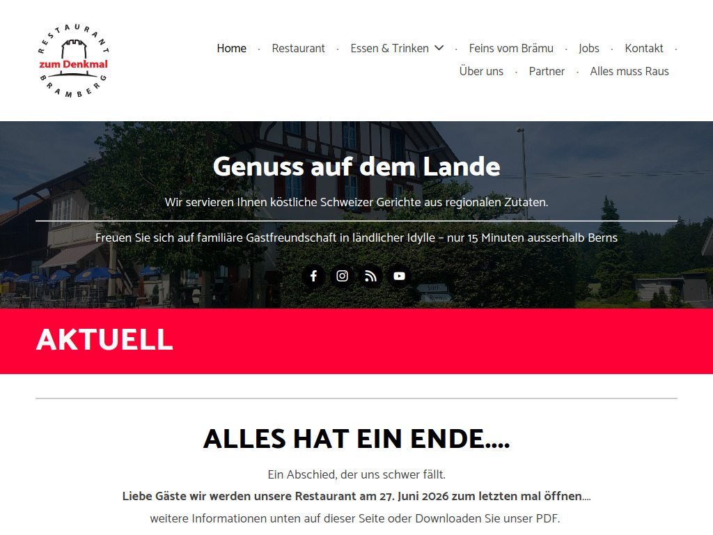 Website von Restaurant zum Denkmal Bramberg KLG in Neuenegg