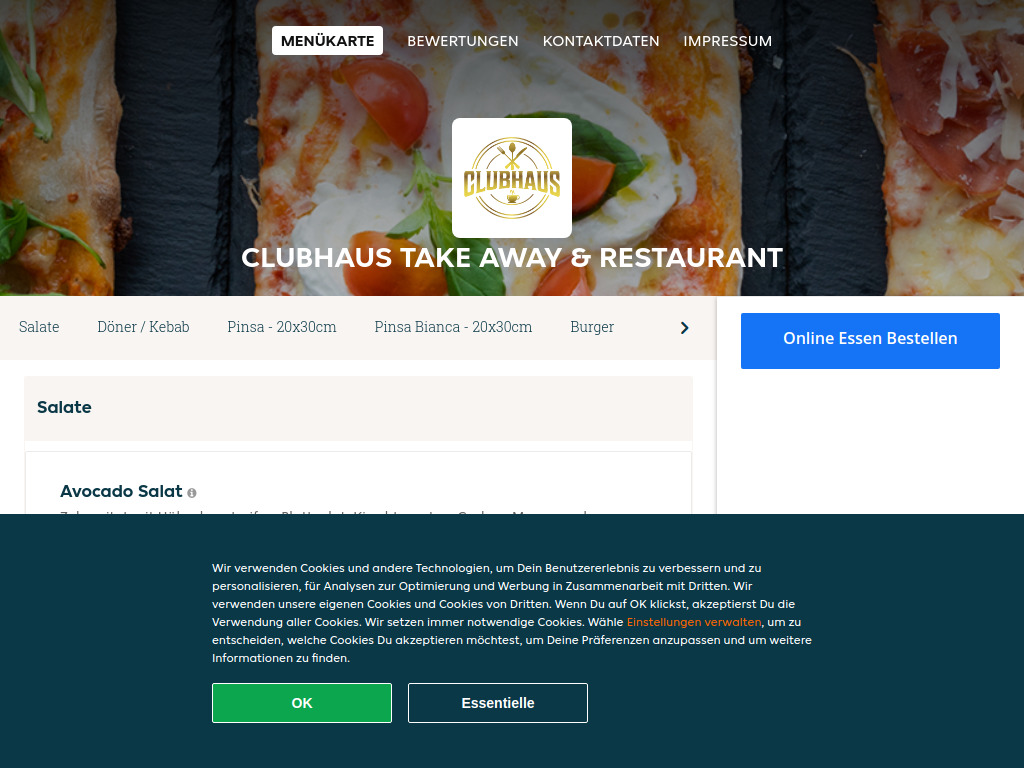 Website von Clubhaus Take Away & Restaurant - Essen online bestellen in Villmergen in Villmergen