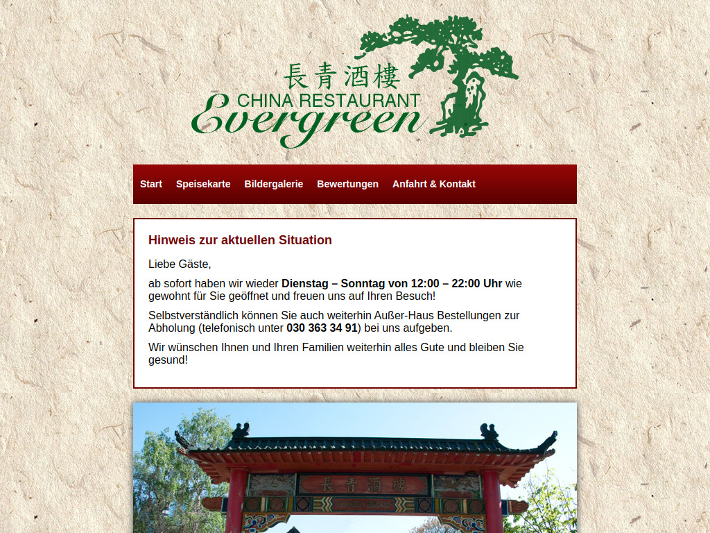 Website von China Restaurant Evergreen in Berlin