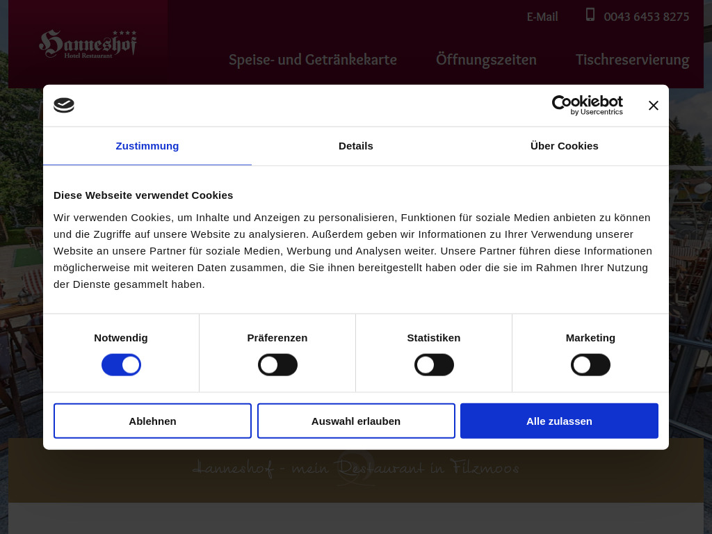 Website von Hanneshof Restaurant in Filzmoos