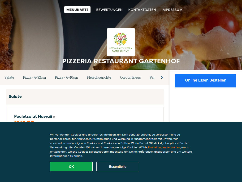 Website von Pizzeria Restaurant Gartenhof - Essen online bestellen in Richterswil in Richterswil