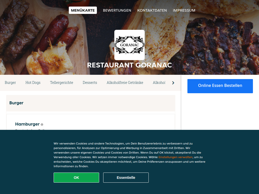Website von Restaurant Goranac - Essen online bestellen in Zürich