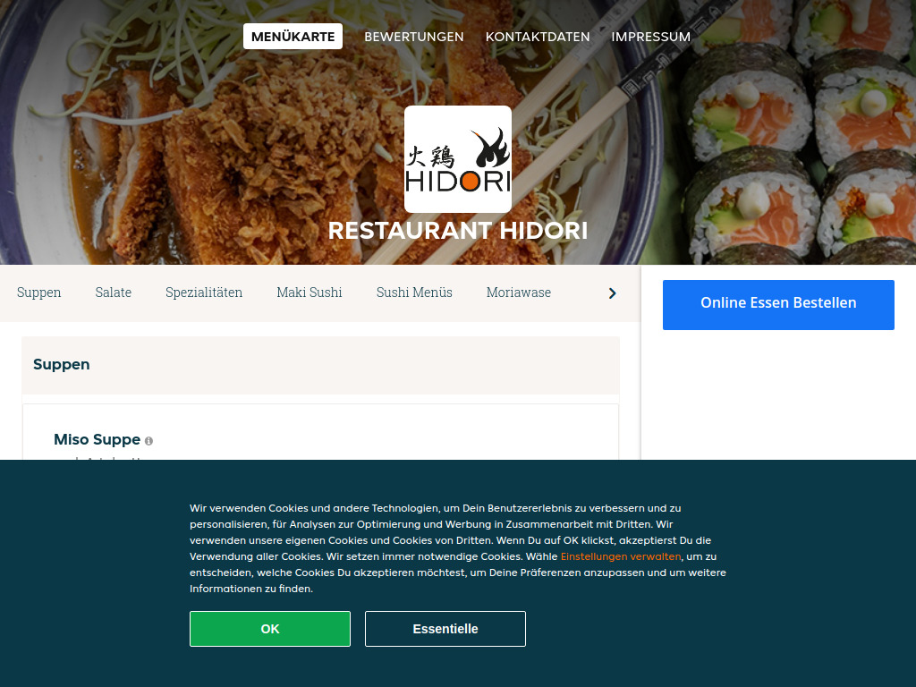 Website von Restaurant Hidori - Essen online bestellen in Wien