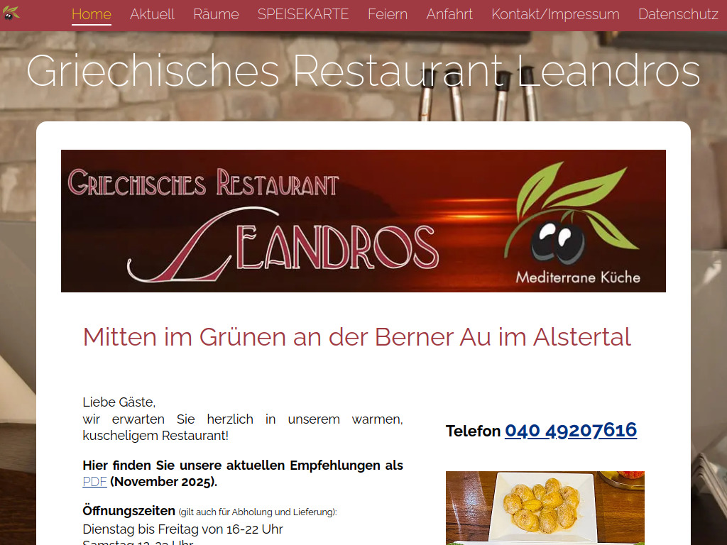Website von Restaurant Leandros - Griechisches Restaurant in Hamburg-Sasel in Hamburg-Sasel