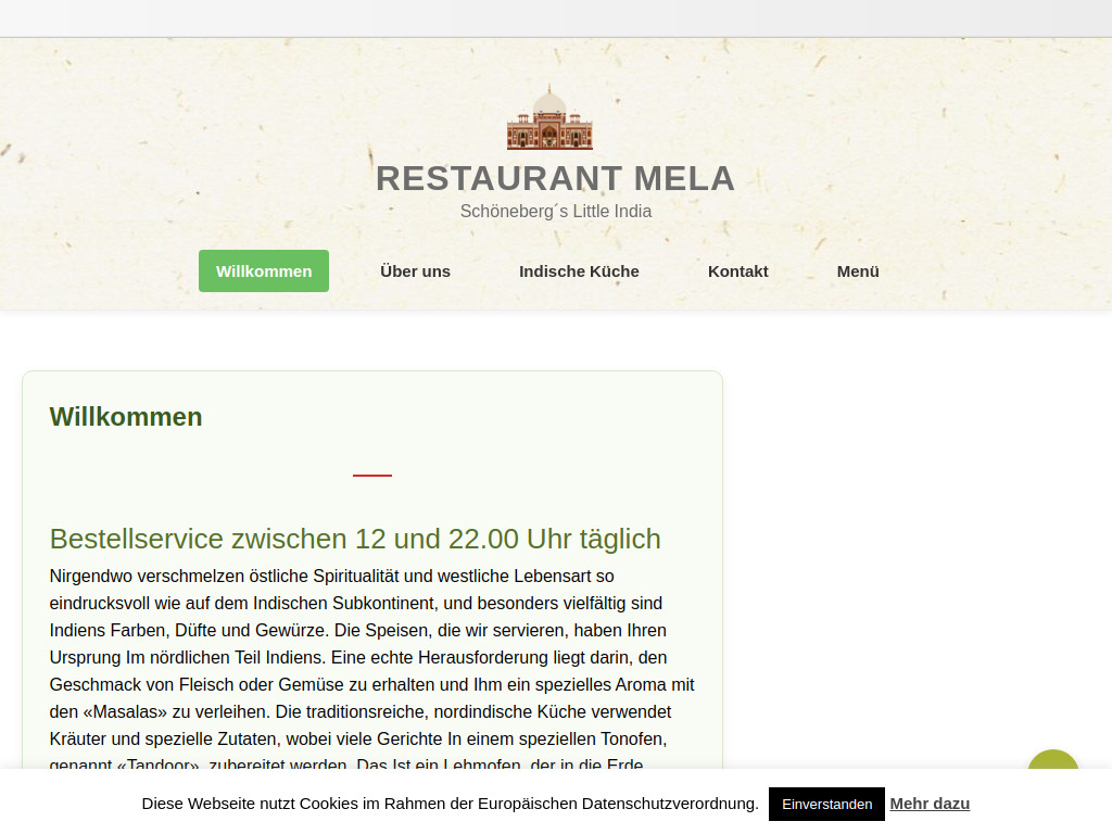 Website von Restaurant Mela in Berlin
