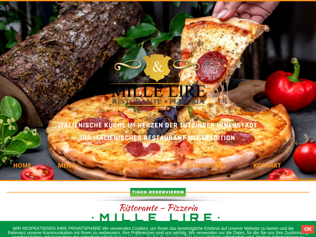 Website von Mille Lire Ristorante-Pizzeria in Tutzing
