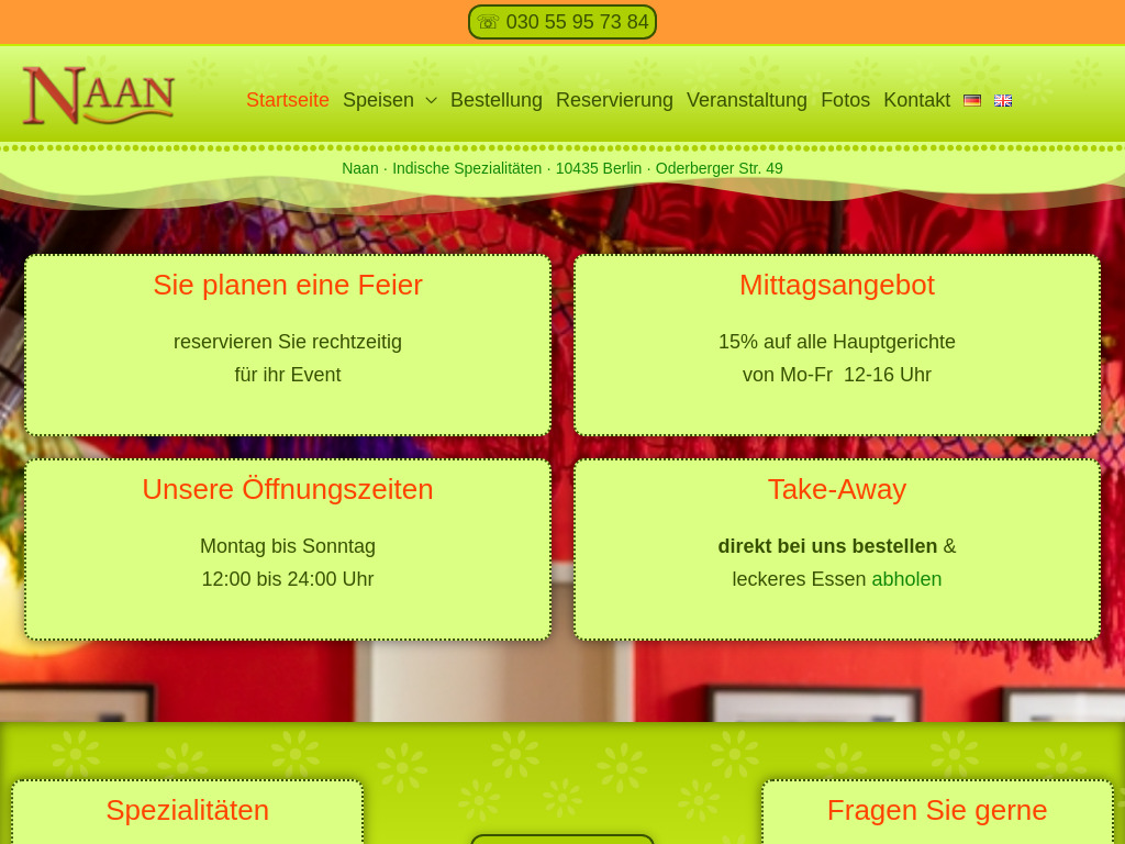 Website von Restaurant Naan in Berlin