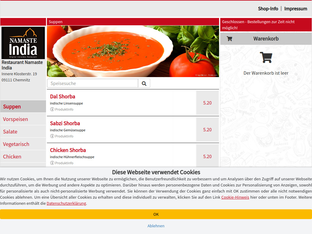 Website von Restaurant Namaste India in Chemnitz