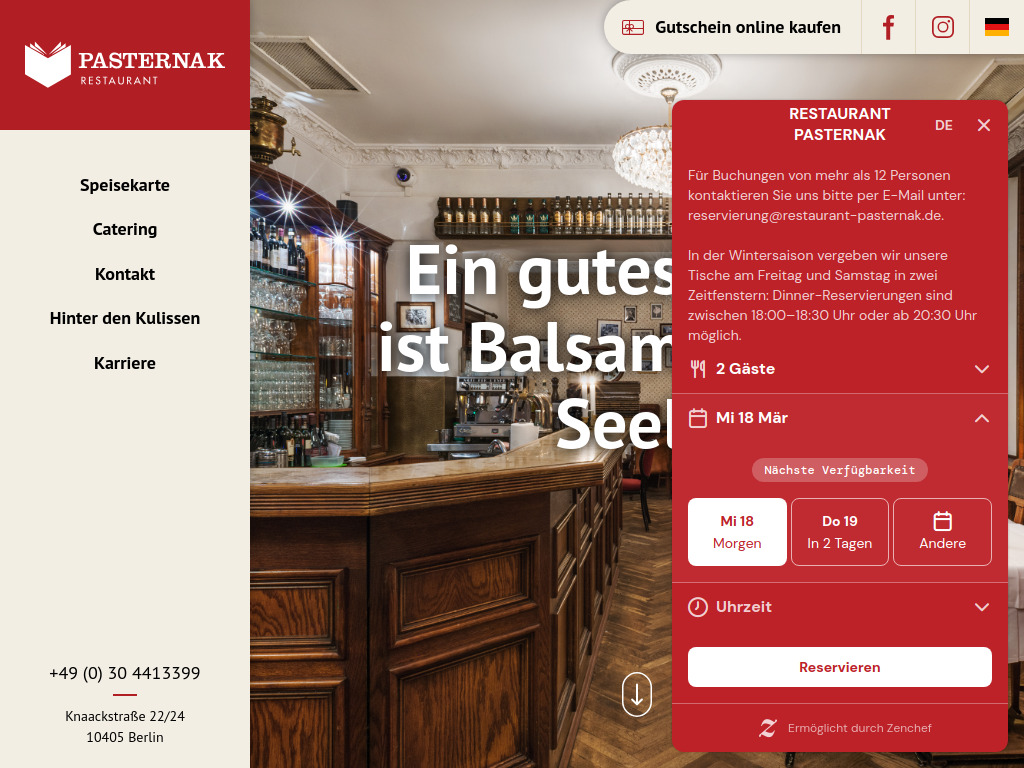 Website von Restaurant Pasternak in Berlin